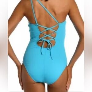 La Blanca One Piece Swimsuit 12 Women Lace Back One Shoulder Turquoise LB01G14